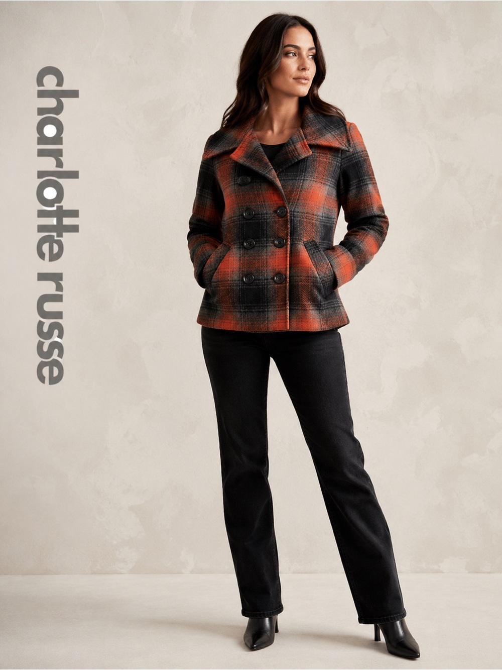 Charlotte Russe Plaid Double-Breasted Pea Coat Jacket Size M
